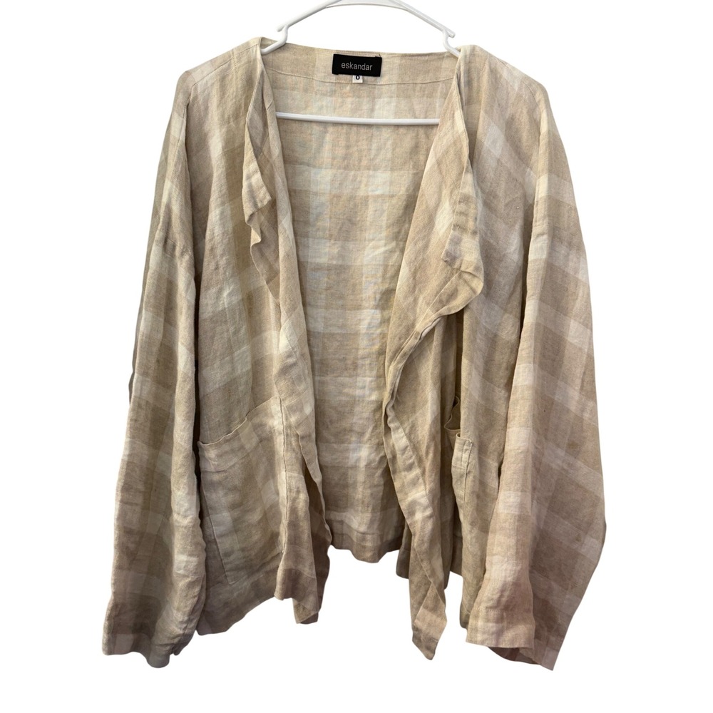 Eskandar 100% Linen Gingham Check Open Front Jacket Beige Tan Made in‎ England 0